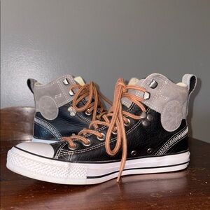 Black Leather and Gray High-Top Sneakers